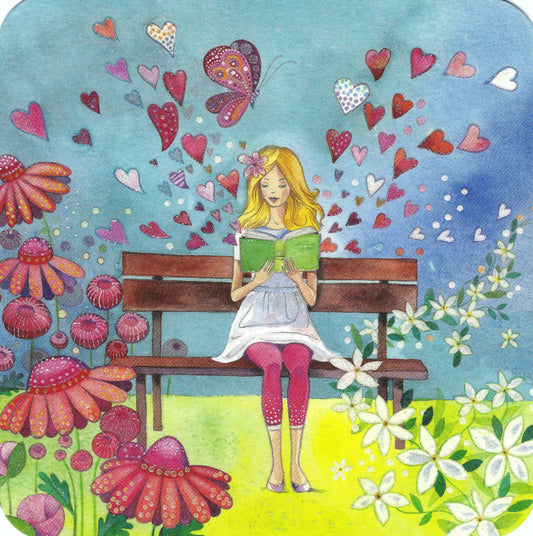Taurus Kunstkarten - Woman on Park Bench Reading a Book - Hearts - Butterfly - Flowers - Postcard