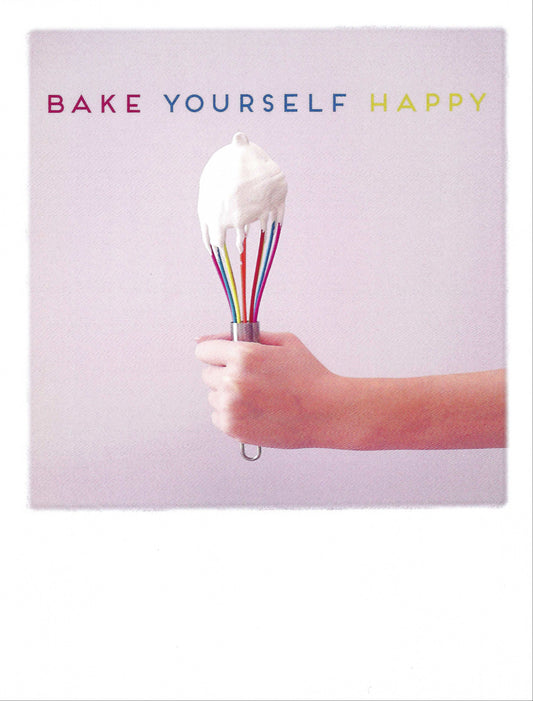 Baking Postcard by  Pola Cards featuring the text 'BAKE YOURSELF HAPPY' and a colorful whisk illustration.