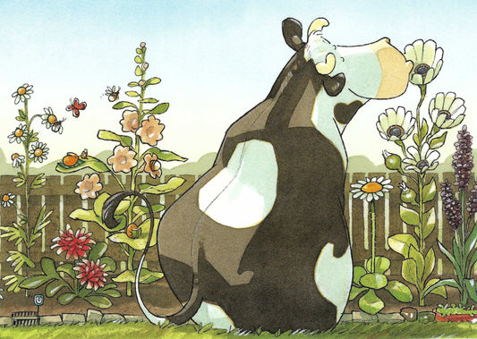 Taurus Kunstkarten Postcard - Cow - Lieselotte Sits in the Flower Bed