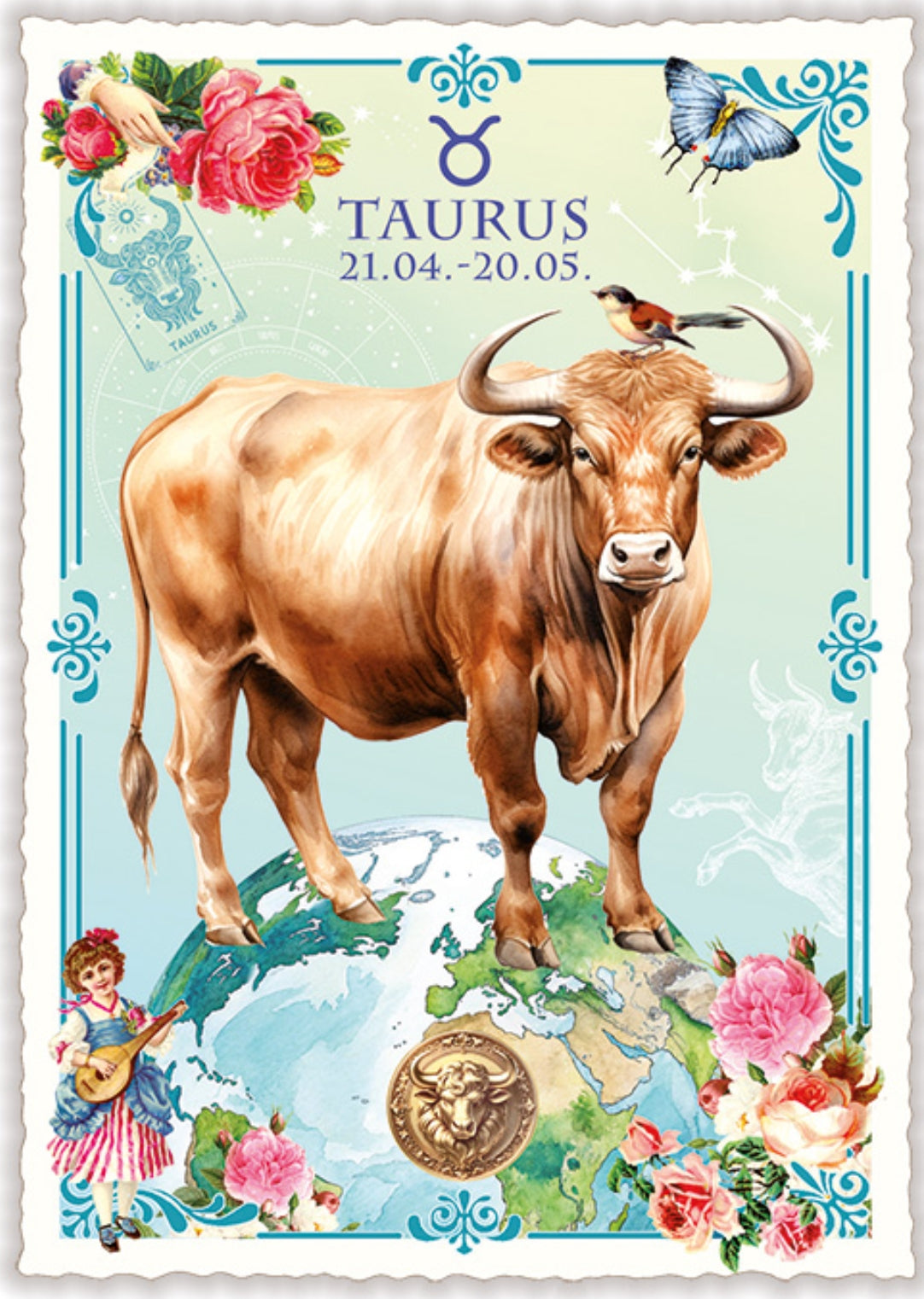 Edition Tausendschön postcard featuring the Taurus zodiac sign with a bull, flowers, and decorative elements on a light blue background.