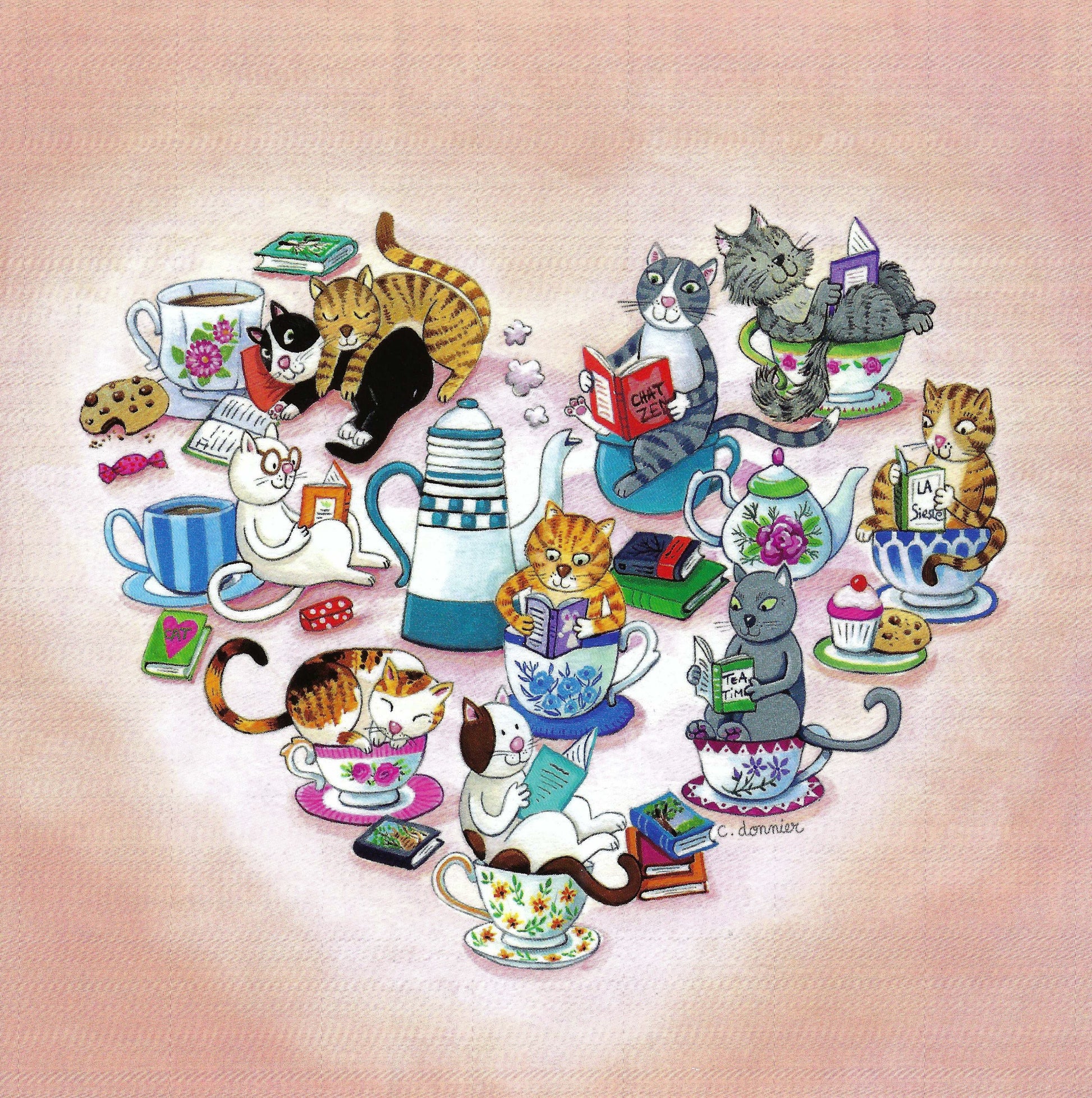 Tea-Time Readers Cat Postcard by Christine Donnier - Editions Titi Pinson featuring cats in various poses around teacups and books on a heart-shaped background