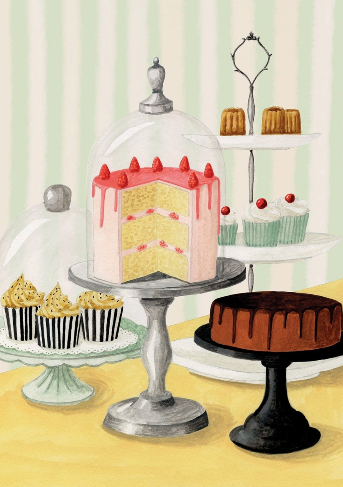 Tea Room - Sweets - Postcard by Mélanie Voituriez featuring an illustration of various cakes on stands with a striped background