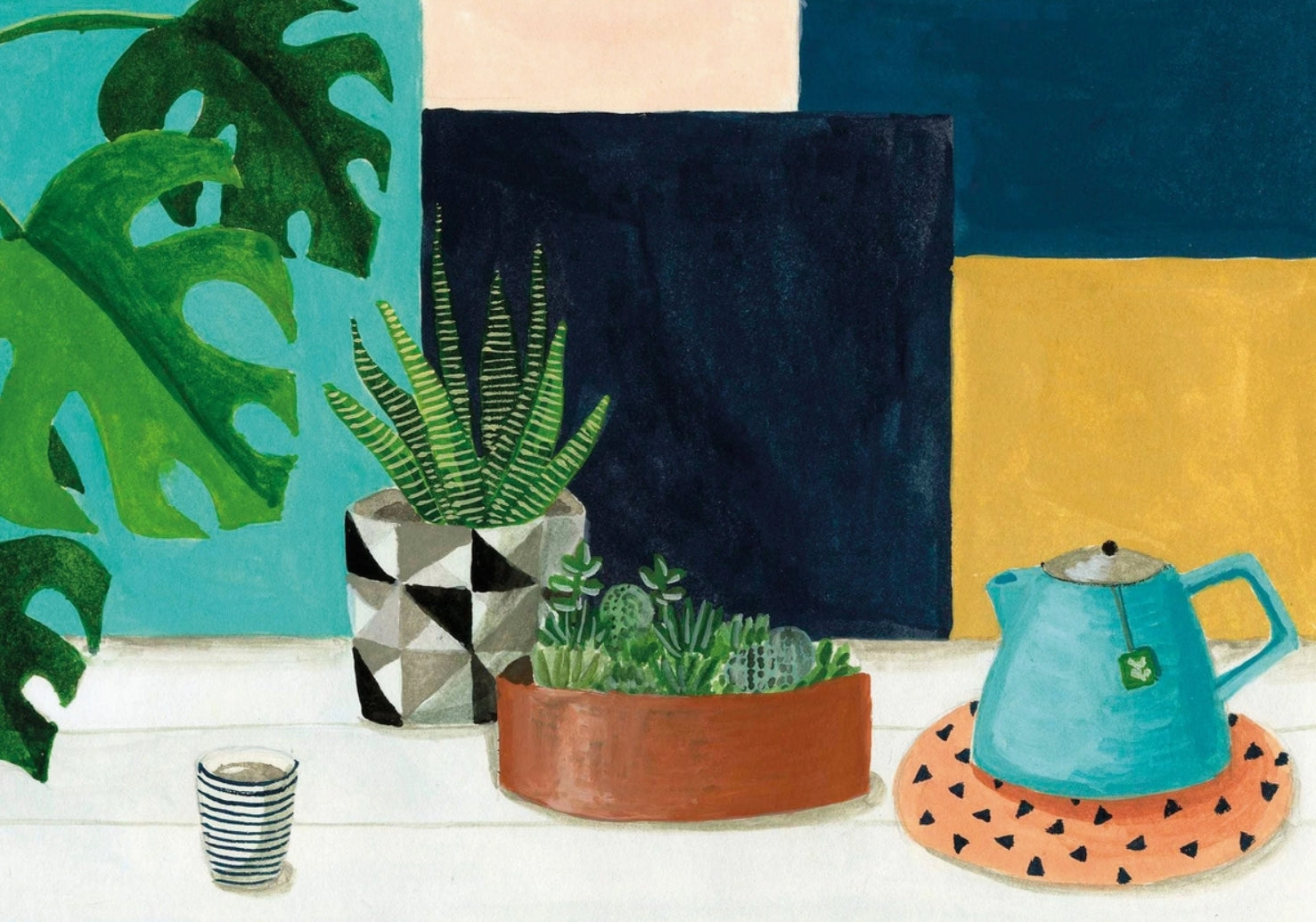 Tea Time Postcard by Mélanie Voituriez featuring potted plants, a turquoise teapot on a patterned saucer, and a striped cup against a geometric block background.