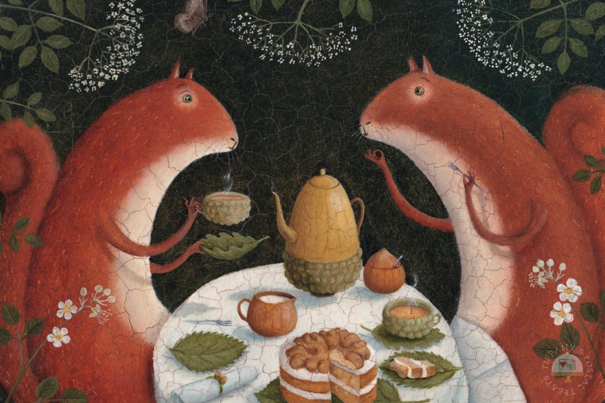Tea for Two Postcard by Inkognito featuring two brown squirrels at a table in the woods with a teapot, tea cups and cake.