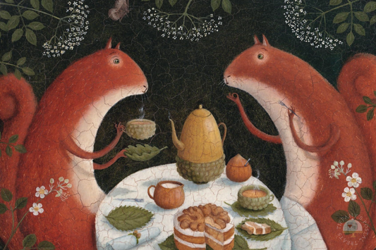 Tea for Two Postcard by Inkognito featuring two brown squirrels at a table in the woods with a teapot, tea cups and cake.