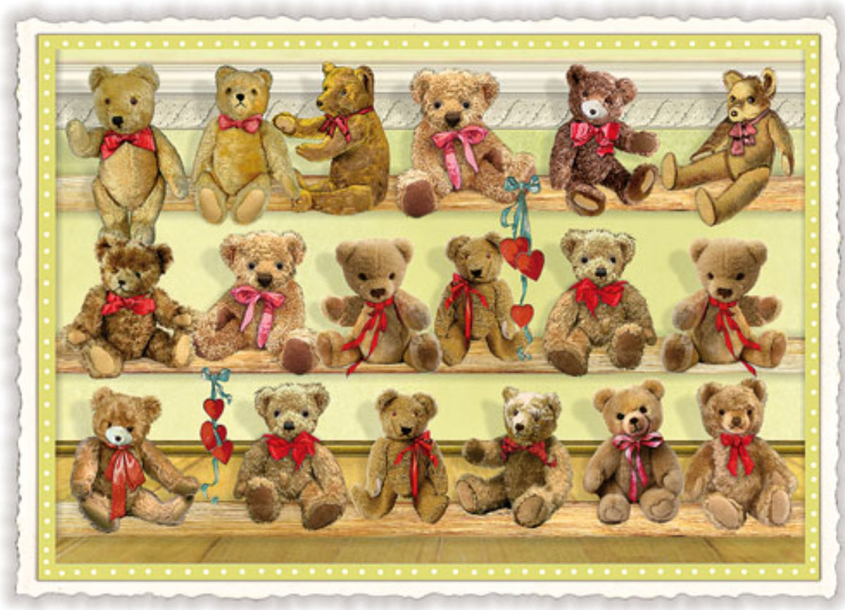 Teddy Bears Postcard by Edition Tausendschön featuring a row of teddy bears with red bows.