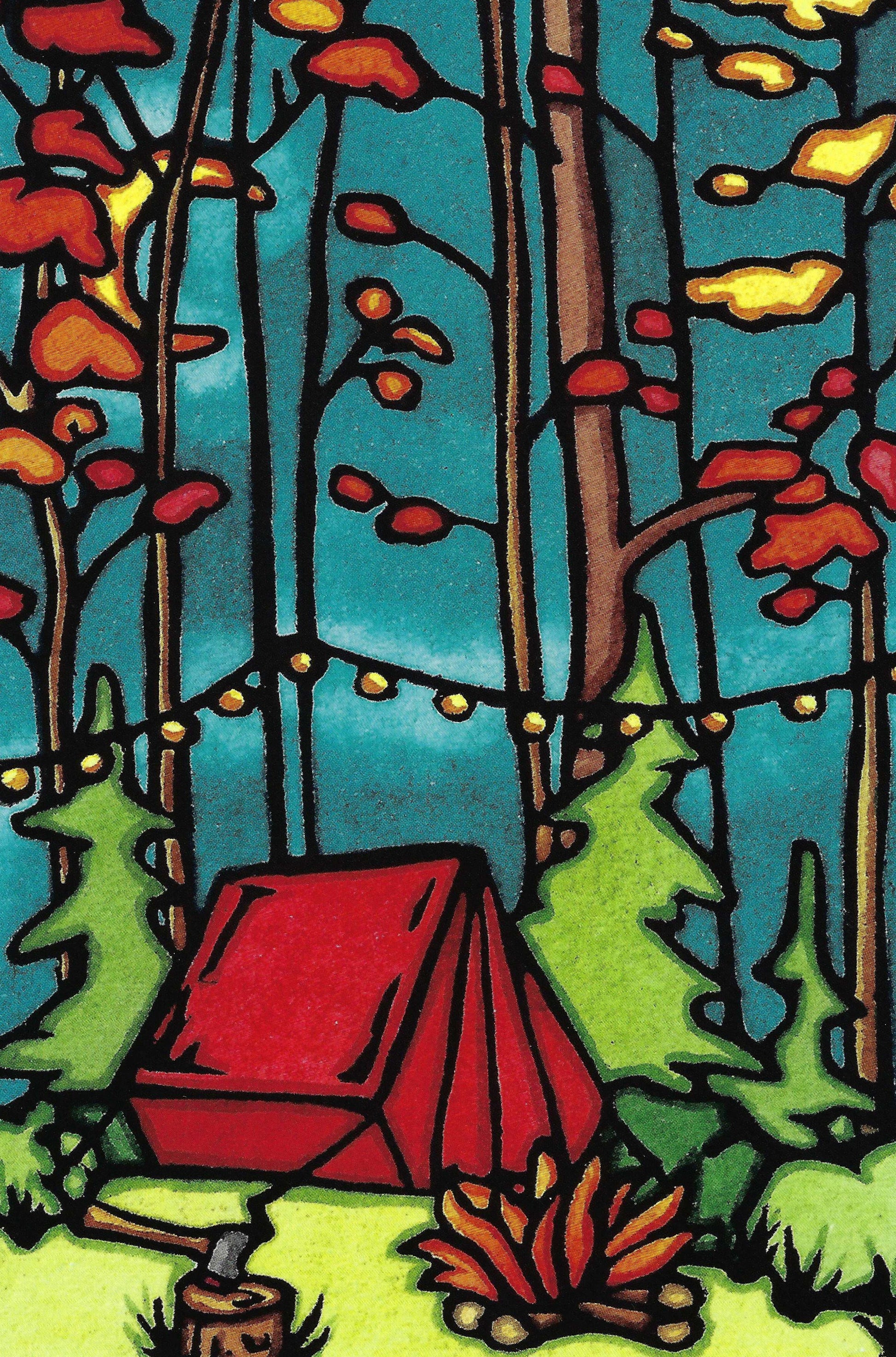 Tent Camping postcard by Sarah Angst Art featuring a camping scene with a red tent, trees, and a campfire.