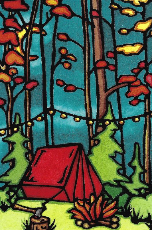 Tent Camping postcard by Sarah Angst Art featuring a camping scene with a red tent, trees, and a campfire.