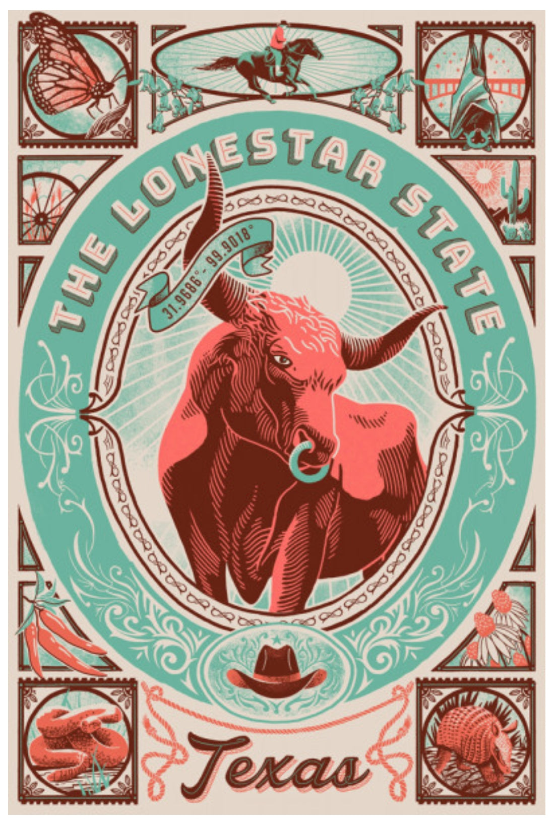 Texas - The Lone Star State Postcard by Lantern Press featuring a large bull at the center, surrounded by teal and coral decorative elements, with the text 'THE LONESTAR STATE' and 'Texas' at the bottom.