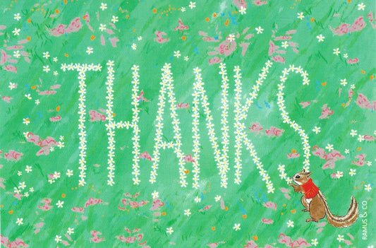 Garden Chipmunk Postcard by Ramus & Company featuring a Chipmunk next to Thanks text made up of flowers on a green background