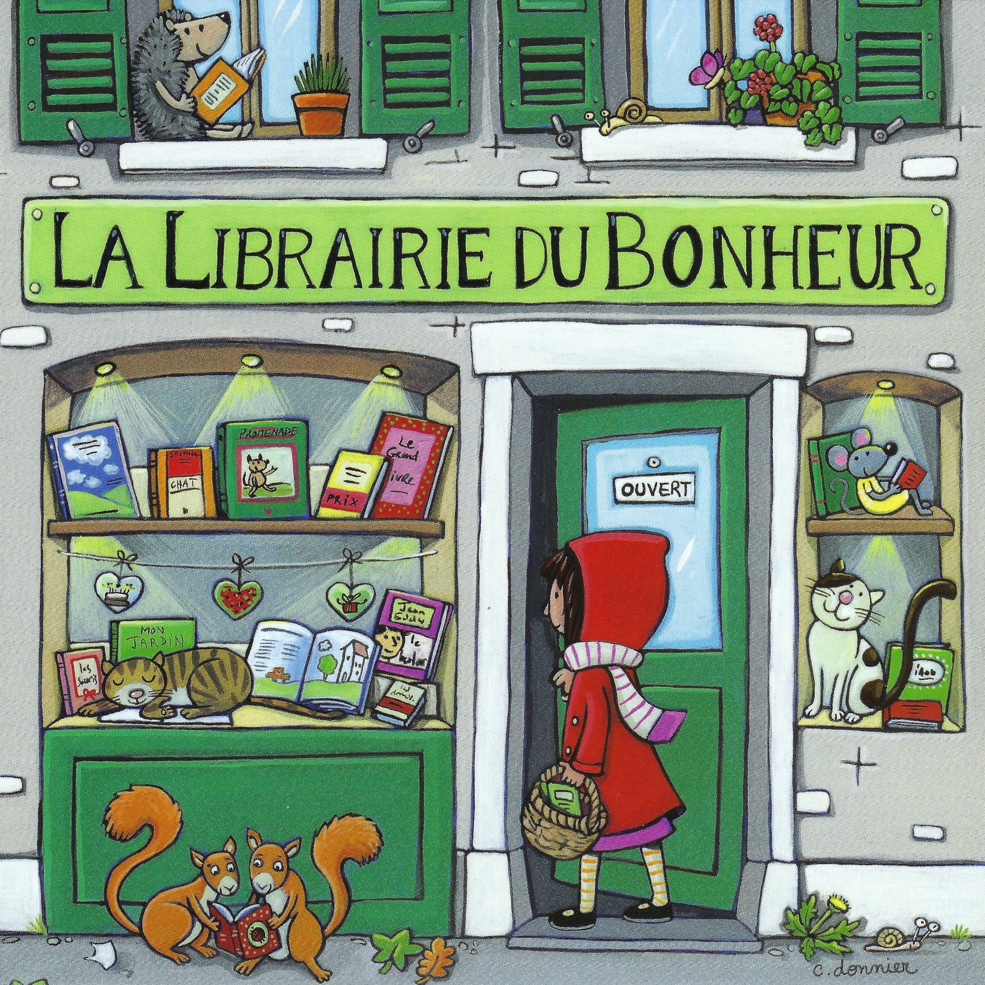 The Bookstore of Happiness by Christine Donnier - Editions Titi Pinson featuring a bookstore and a girl entering with animals in and around the bookstore.