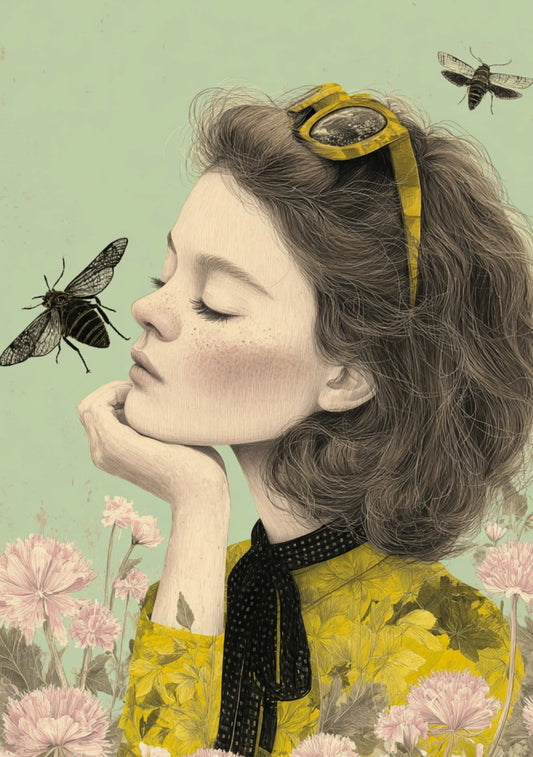 Bug Girl Postcard by Fripperies featuring a woman with bugs and flowers, wearing a yellow floral shirt and yellow sunglasses.