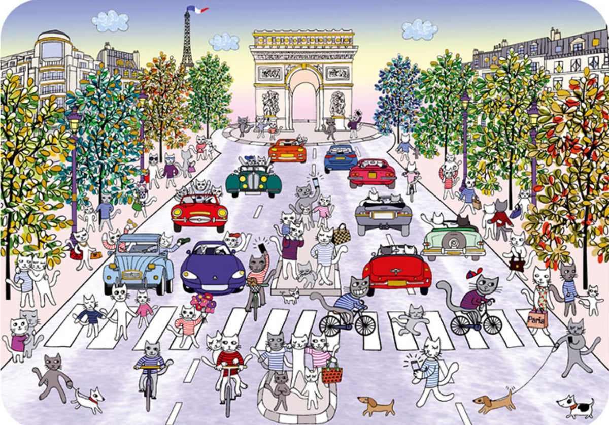 The Champs Elysees Paris Postcard by Cartes d'Art featuring dozens of playful cats strolling and cycling along the Champs-Élysées, with the Arc de Triomphe and Eiffel Tower in the background, colorful vintage cars, tree-lined streets, and Parisian city scenes.
