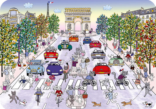 The Champs Elysees Paris Postcard by Cartes d'Art featuring dozens of playful cats strolling and cycling along the Champs-Élysées, with the Arc de Triomphe and Eiffel Tower in the background, colorful vintage cars, tree-lined streets, and Parisian city scenes.