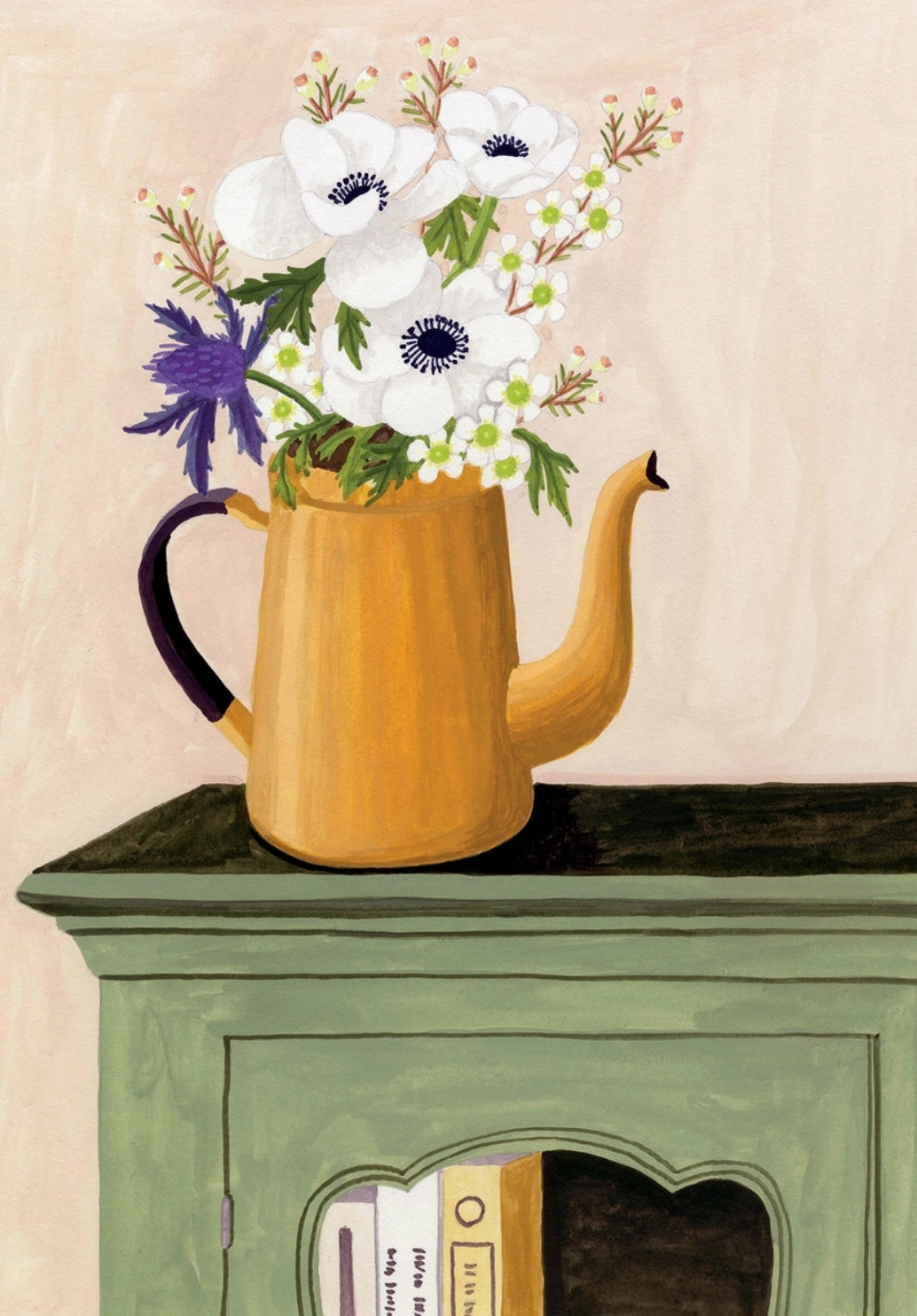 The Coffee Pot Postcard by Mélanie Voituriez featuring flowers and greenery arranged in a mustard-yellow coffeepot, set on a green cabinet against a warm beige background.