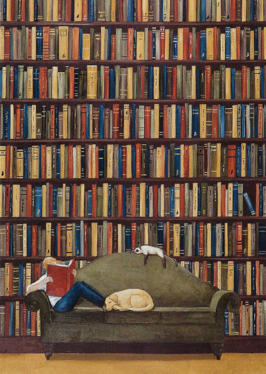 The Explorer Postcard featuring a person sitting on a couch reading a book, dog and cat sleeping next to them, in front of a large bookshelf. Rebecca Campbell Vontobel Art