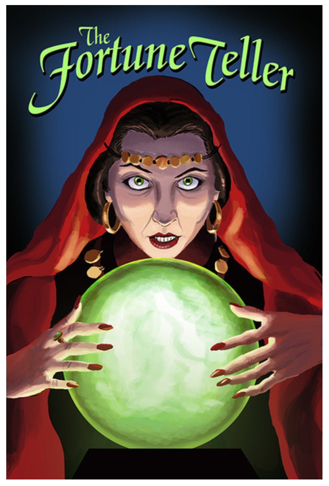 The Fortune Teller Postcard by Lantern Press showing a woman in a red hood holding a glowing green crystal ball against a dark blue background.