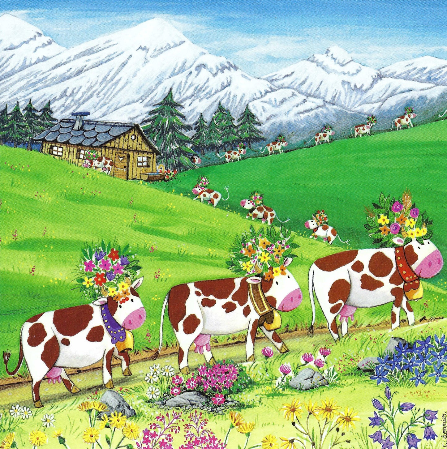 The Happy Herd Cow Postcard by Christine Donnier - Editions Titi Pinson featuring cows with flower crowns in a pastoral setting with mountains.