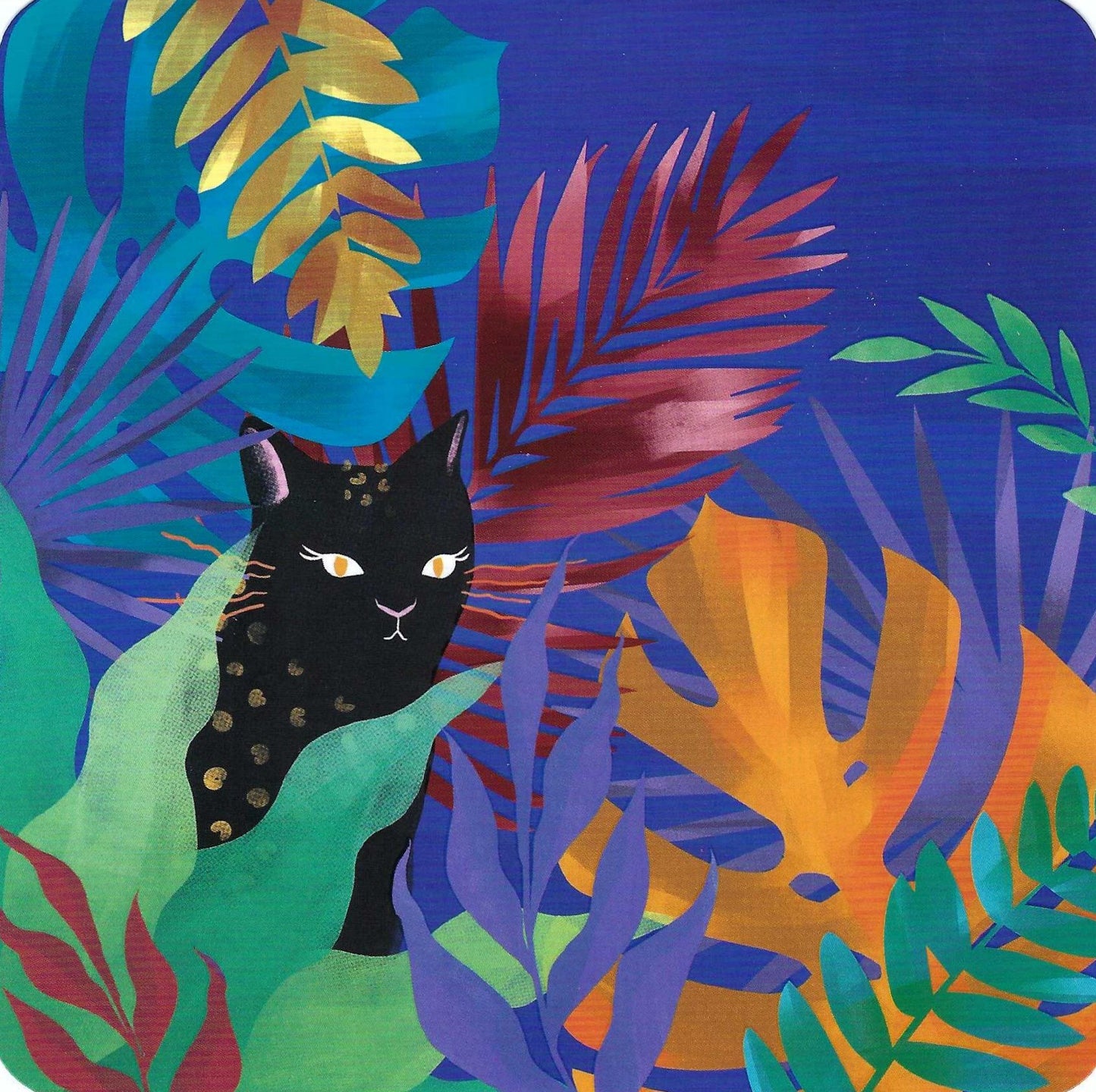 Editor - Art of Emotion Postcard featuring a black cat surrounded by colorful tropical leaves on a blue background