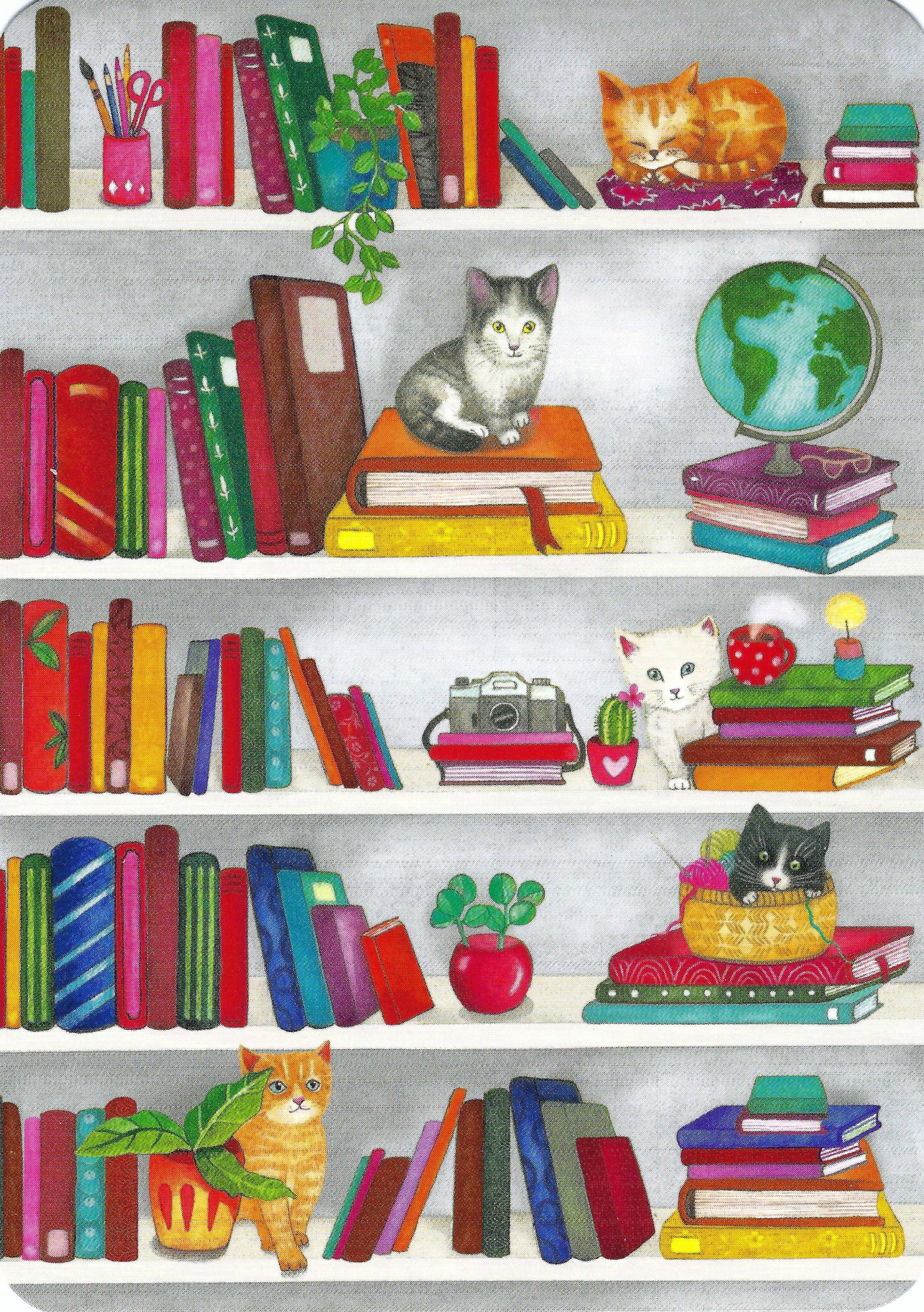 The Kittens - Bookshelf Postcard by Mila - Codecinq featiromg a colorful bookshelf illustration with books, kittens, and other items.