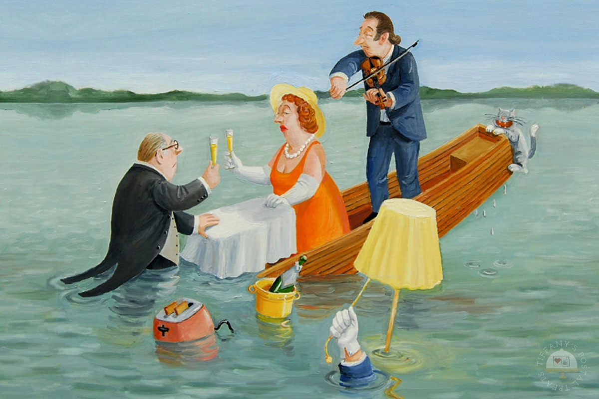The Last One Turns Off the Lights Postcard by Inkognito shoing three people in a small wooden boat. One man in a suit raises a glass, a woman in an orange dress and yellow hat clinks a glass, and another man stands in the boat playing the violin. Another man is underwater shutting off a lamp and a cat is hanging on to the back of the boat.
