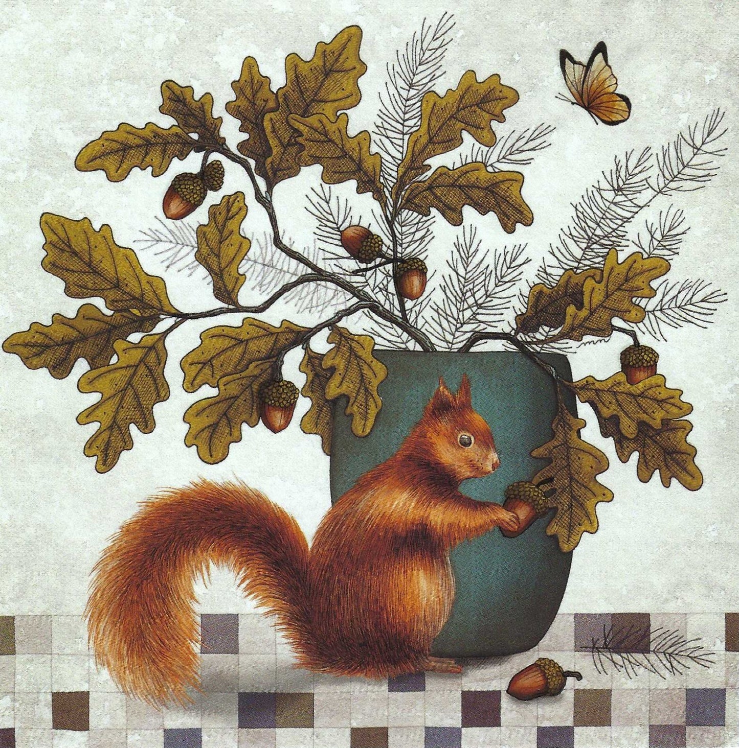 The Little Acorn Keeper Postcard by Editions Titi Pinson featuring an illustration of a squirrel with an acorn next to fall greenery in a pot.