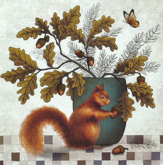 The Little Acorn Keeper Postcard by Editions Titi Pinson featuring an illustration of a squirrel with an acorn next to fall greenery in a pot.
