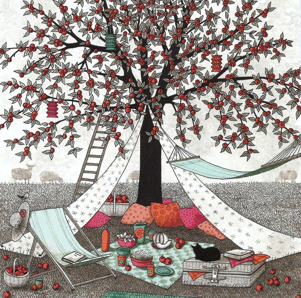 Illustrated square postcard titled “The Purrrfect Picnic” from Editions Titi Pinson, featuring a black cat enjoying a colorful outdoor picnic scene. 