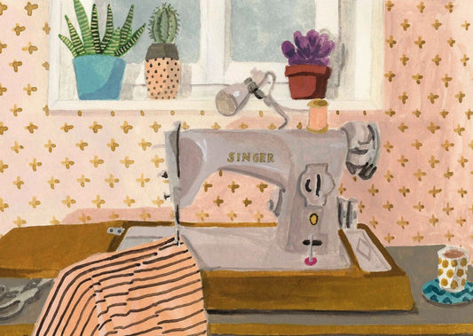 The Seamstress Postcard by Mélanie Voituriez featuring a Singer sewing machine on a table with a pink wall and window with plants in the background