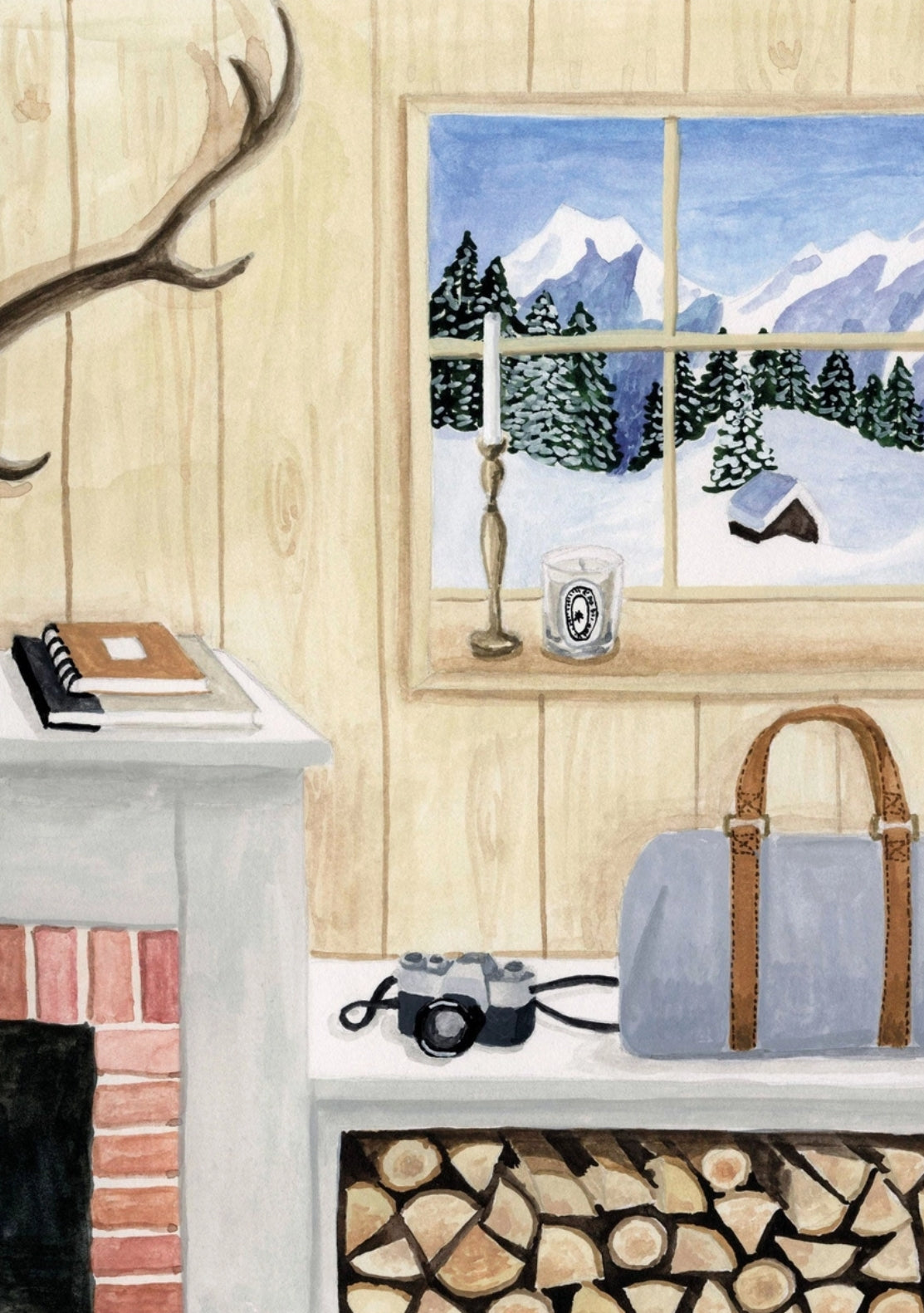 The Shelter - illustrated postcard by Mélanie Voituriez featuring a cozy winter cabin with snow, firewood, and peaceful nature