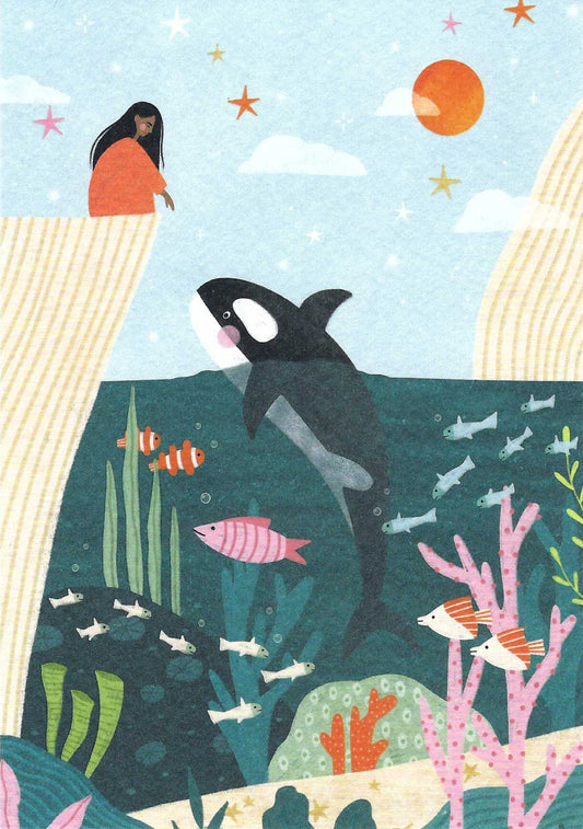 The Whale and the Girl Postcard - by Skowronski and Koch featuring a woman looking at an orca with colorful fish and coral.