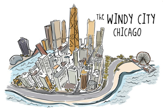 Lantern Press Line Drawing Postcard of Chicago, Illinois featuring an illustration of Chicago's skyline with text 'The Windy City Chicago'.
