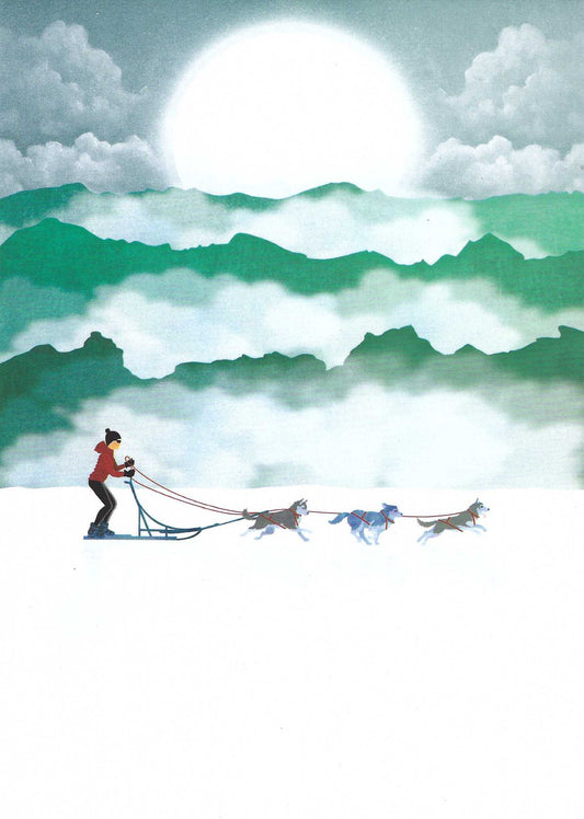 Editor - Art of Emotion Postcard featuring an illustration of a person with a dog sled team against a mountainous landscape.