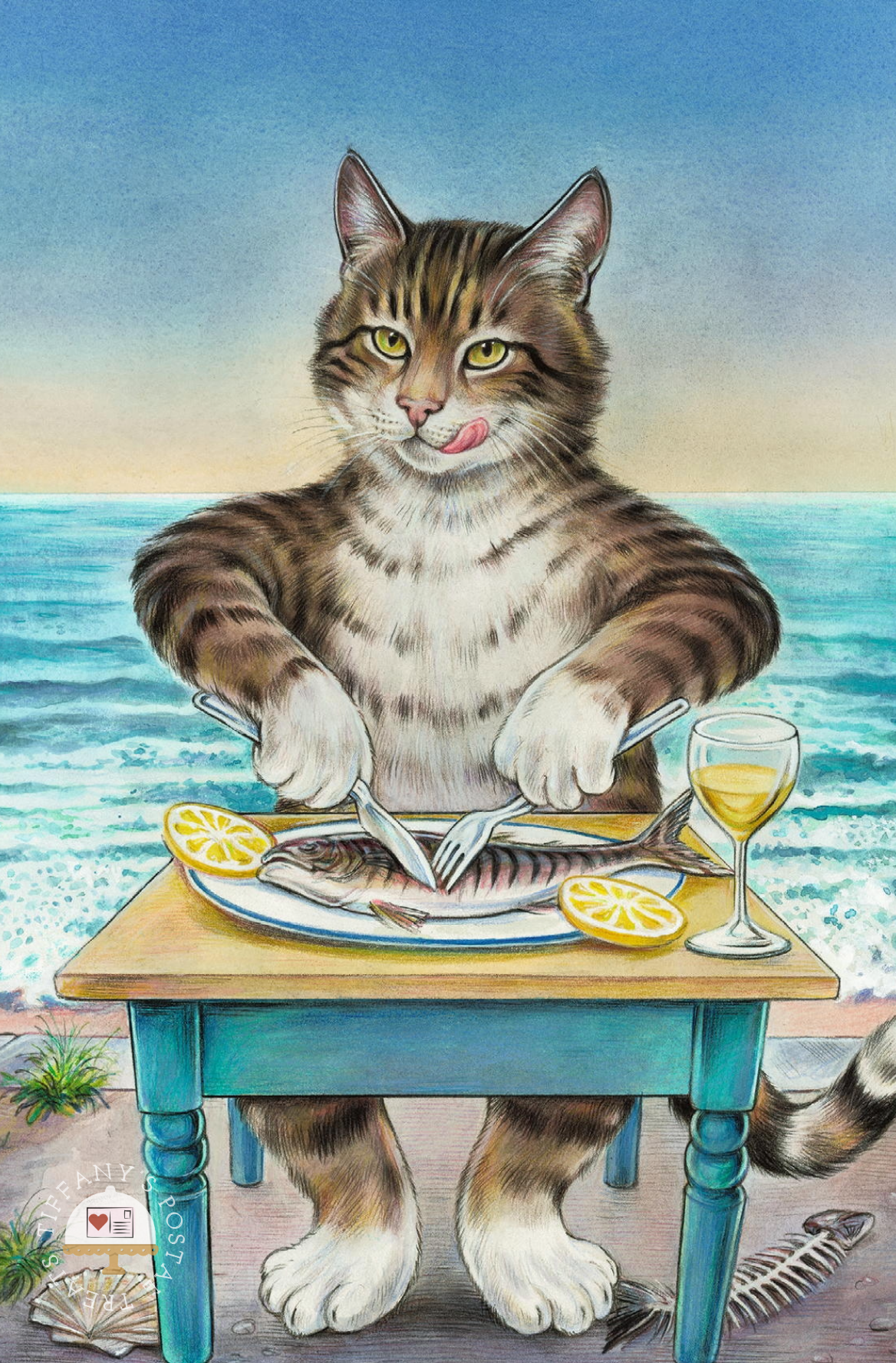 There's Always Fish at the Cat Table Postcard by Inkognito featuring a cat sitting at a table with a plate of fish, lemons and a glass of white wine.