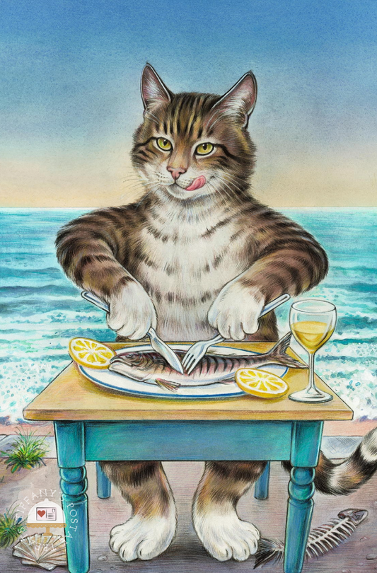 There's Always Fish at the Cat Table Postcard by Inkognito featuring a cat sitting at a table with a plate of fish, lemons and a glass of white wine.