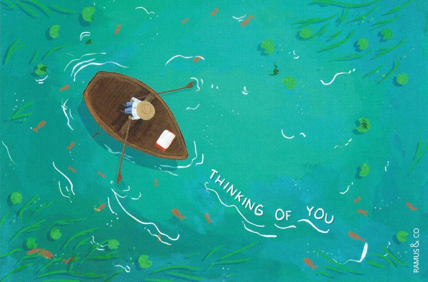 Thinking of You Postcard by Ramus and Co. featuring an illustration of a boat with a person on a teal background, featuring the text 'Thinking of You'.