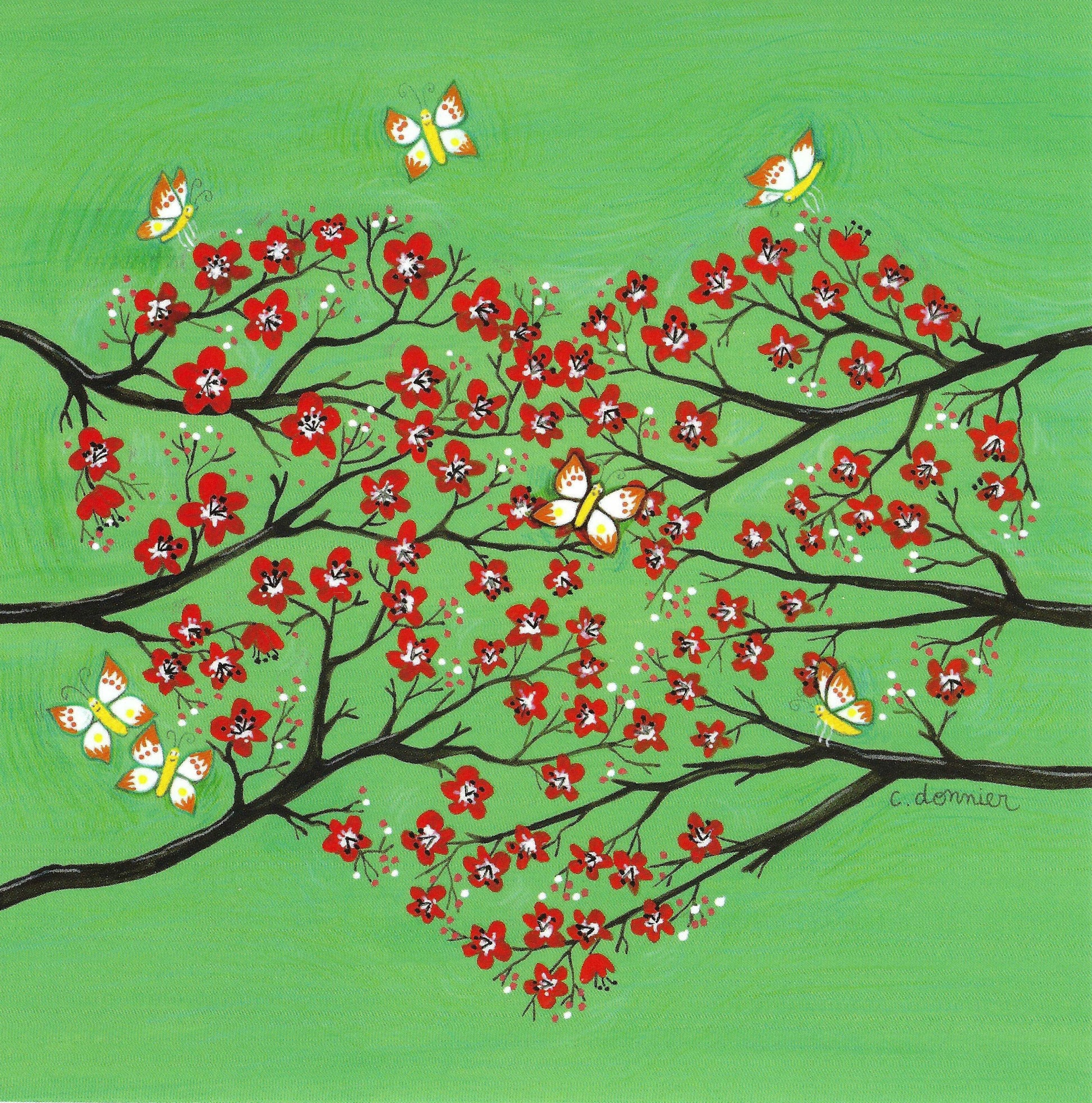 Heart Postcard with branches flowers and butterflies on a green background by Titi Pinson