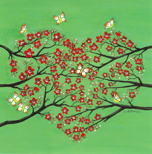 Heart Postcard with branches flowers and butterflies on a green background by Titi Pinson