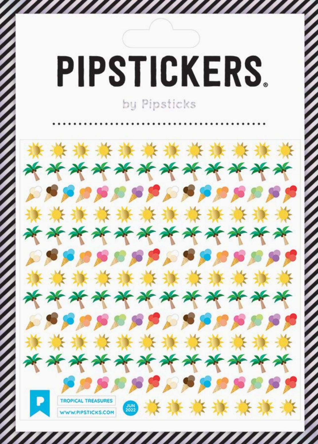 Tropical Treasures Pipsticks Sticker Sheet with tropical-themed stickers including palm trees, suns, and ice cream cones Pipstickers