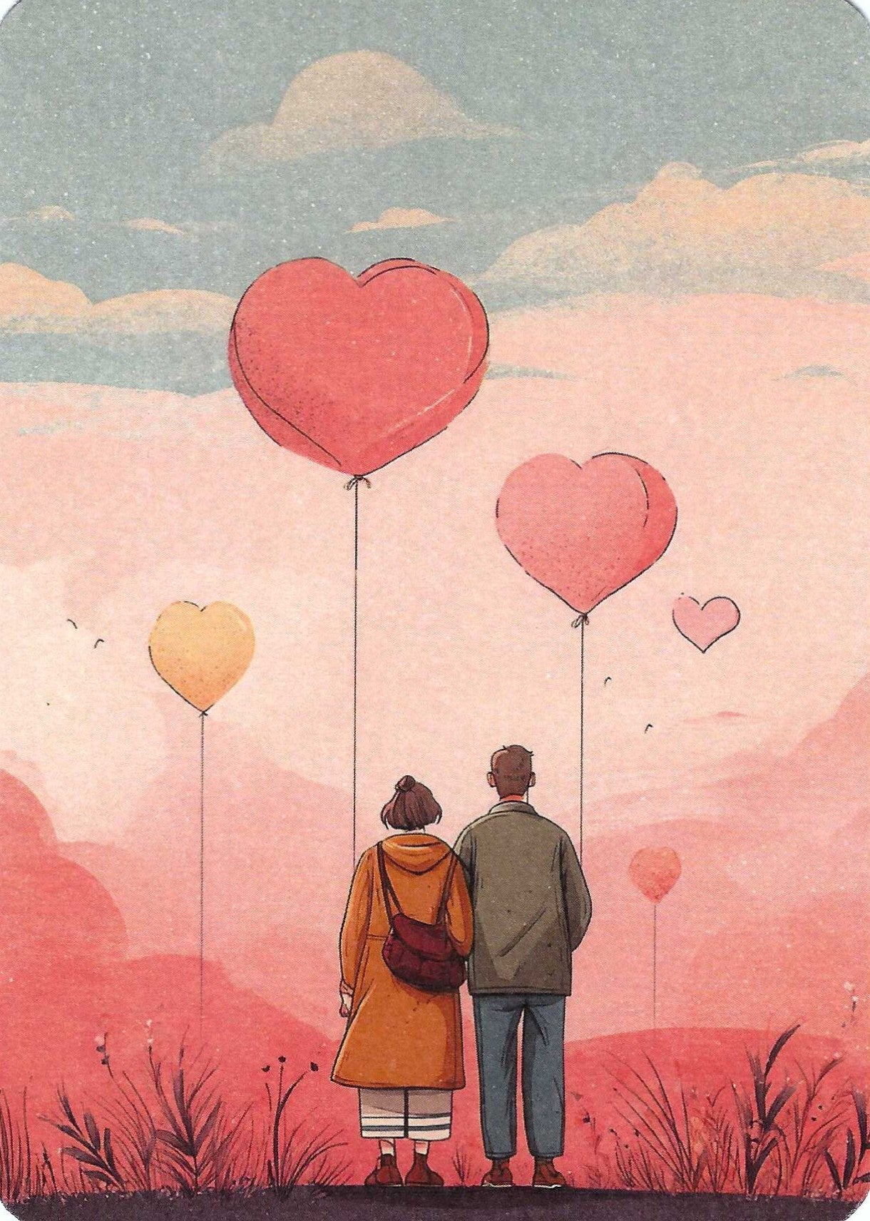 Love Under Blushing Skies Postcard by Fripperies featuring an illustration of a couple standing together with heart-shaped balloons against a pink sky.