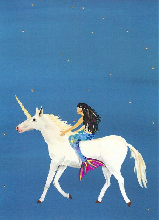 Unicorn and Mermaid Postcard by Das Brooklyn featuring an illustration of a woman riding a unicorn against a starry night sky.