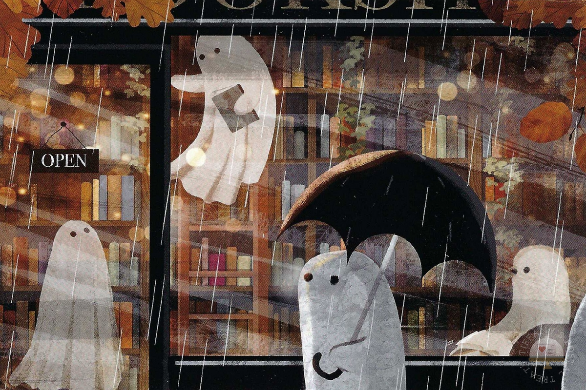 Shelter in the Bookstore Postcard by Katherine Blower featuring ghosts taking shelter in a bookstore, with one outside in the rain holding a black umbrella. The warm interior of the shop is visible through the glass, with bookshelves, books. There is also and autumn leaves in around the top border.