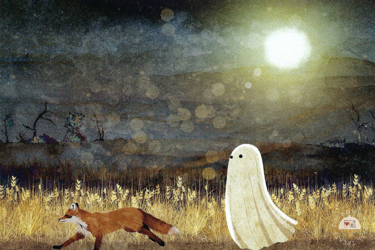 I'll Follow Your Lead Fox and Ghost Postcard by Katherine Blower showing a fox running through a field with a ghost following under a bright full moon.