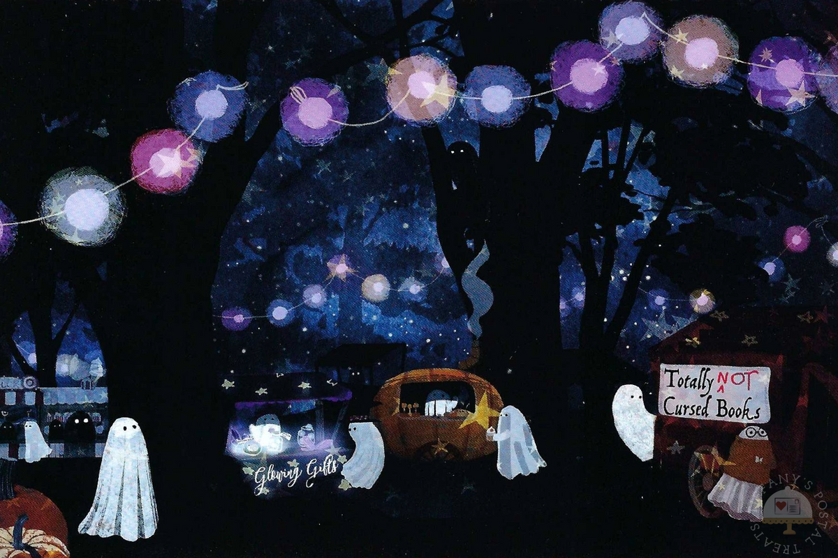 The Night Market Ghost Postcard by Katherine Blower featuring ghost figures at a night market with glowing fairy lights and a sign reading 'Totally NOT Cursed Books' under a starry night sky.
