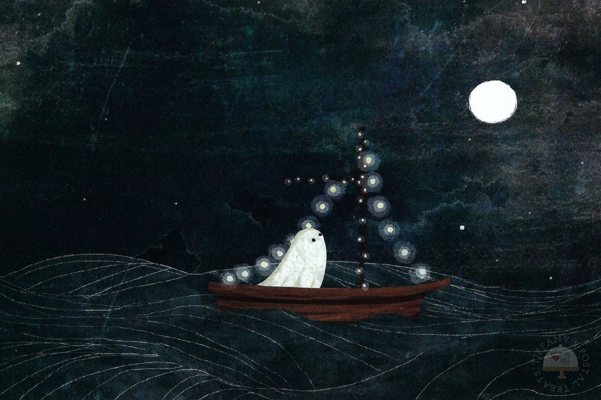 Ghost Boat Ride Postcard by Katherine Blower showing a ghost in a small brown boat on dark blue waves under a full moon, with glowing string lights forming a sail shape.