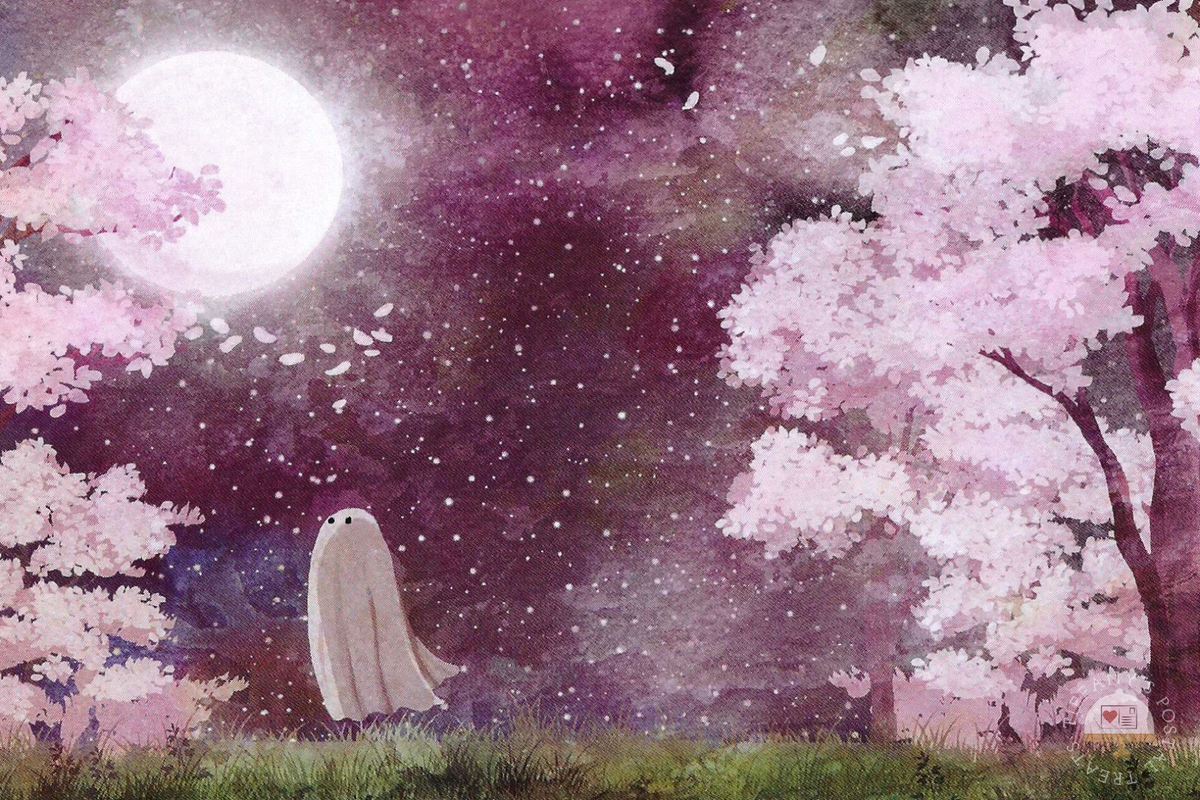 Ghosts of the Moon - Pink Moon Postcard by Katherine Blower showing a ghost standing under a pink moonlit sky with pink cherry blossom trees and falling petals.