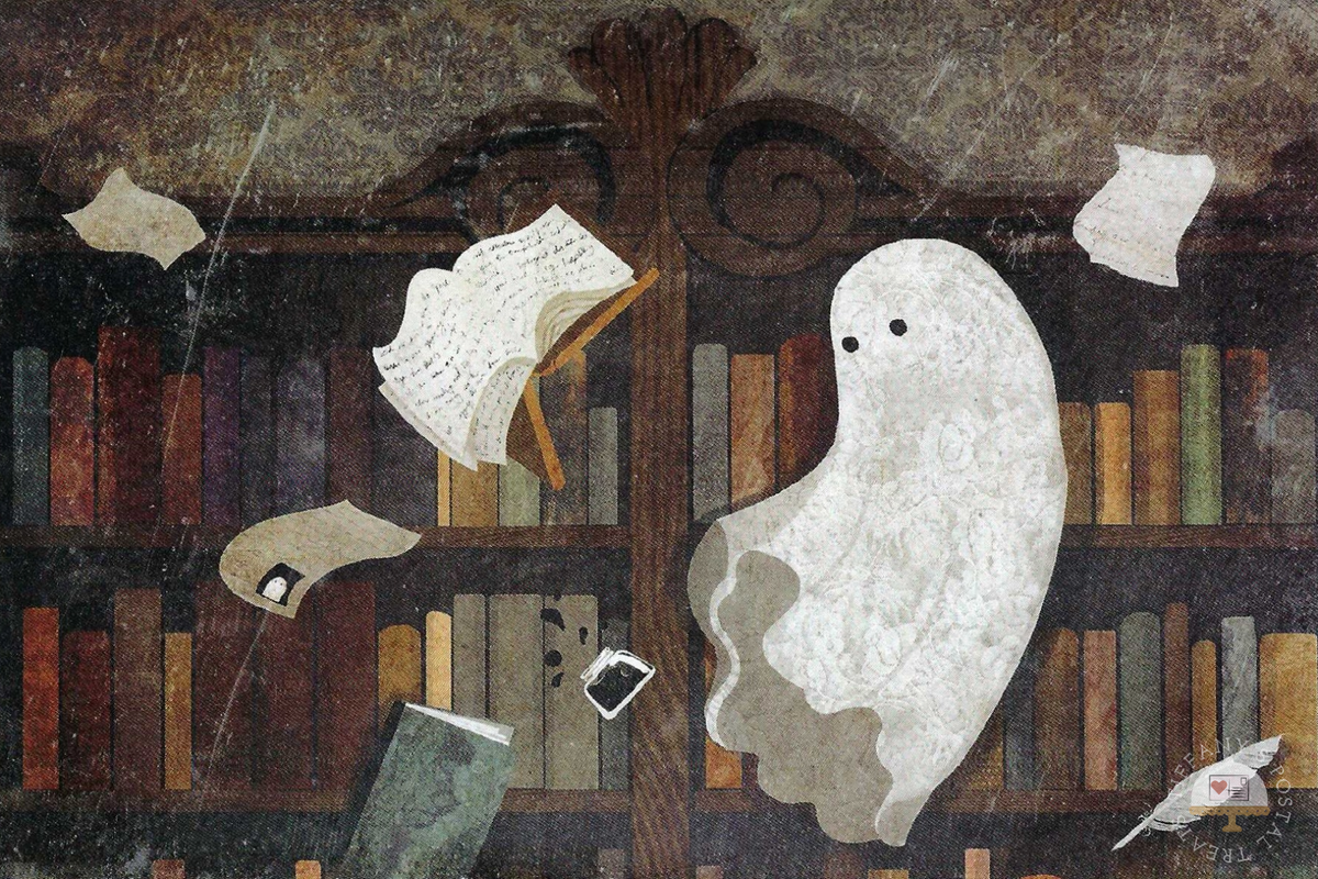 There's a Ghost in the Library Again Postcard by Katherine Blower featuring a white ghost floating among bookshelves filled with books, with scattered pages, ink and a feather pen.