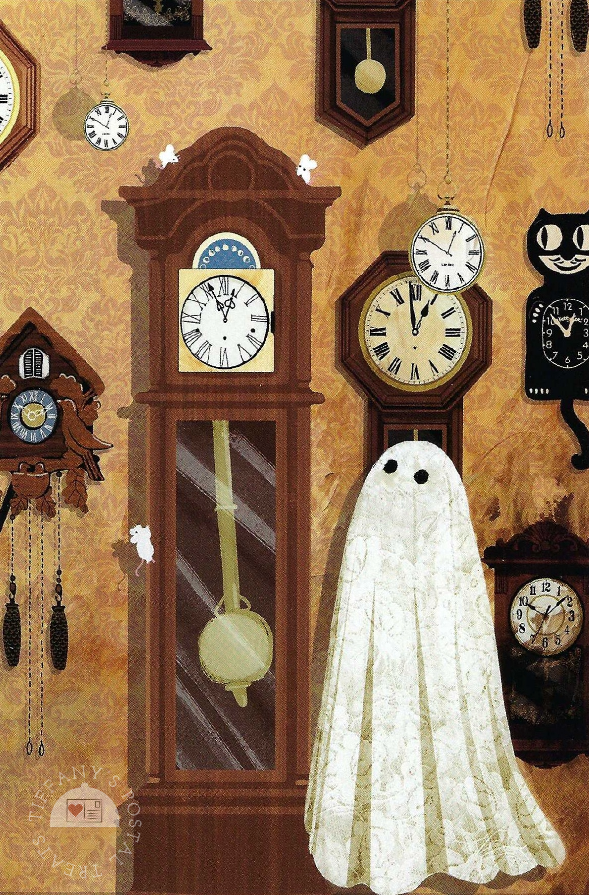 Time No-Longer (Hickory Dickory Dock) Postcard by Katherine Blower featuring a ghost standing in front of a tall wooden grandfather clock, surrounded by various hanging and wall clocks against a patterned gold wallpaper background.