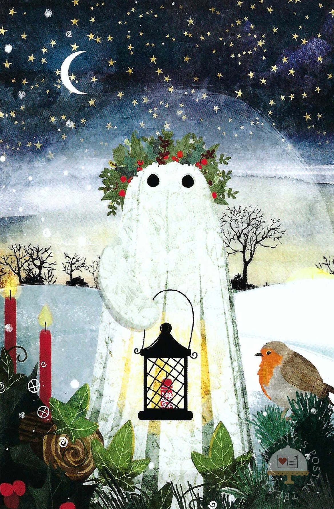 The Spirit of The Winter Solstice Postcard by Katherine Blower featuring a winter night scene with a ghost wearing a leafy green wreath and holding a black lantern, set in a snowy landscape under a starry sky with a crescent moon. A robin bird appears on the right, with candles and foliage in the foreground.