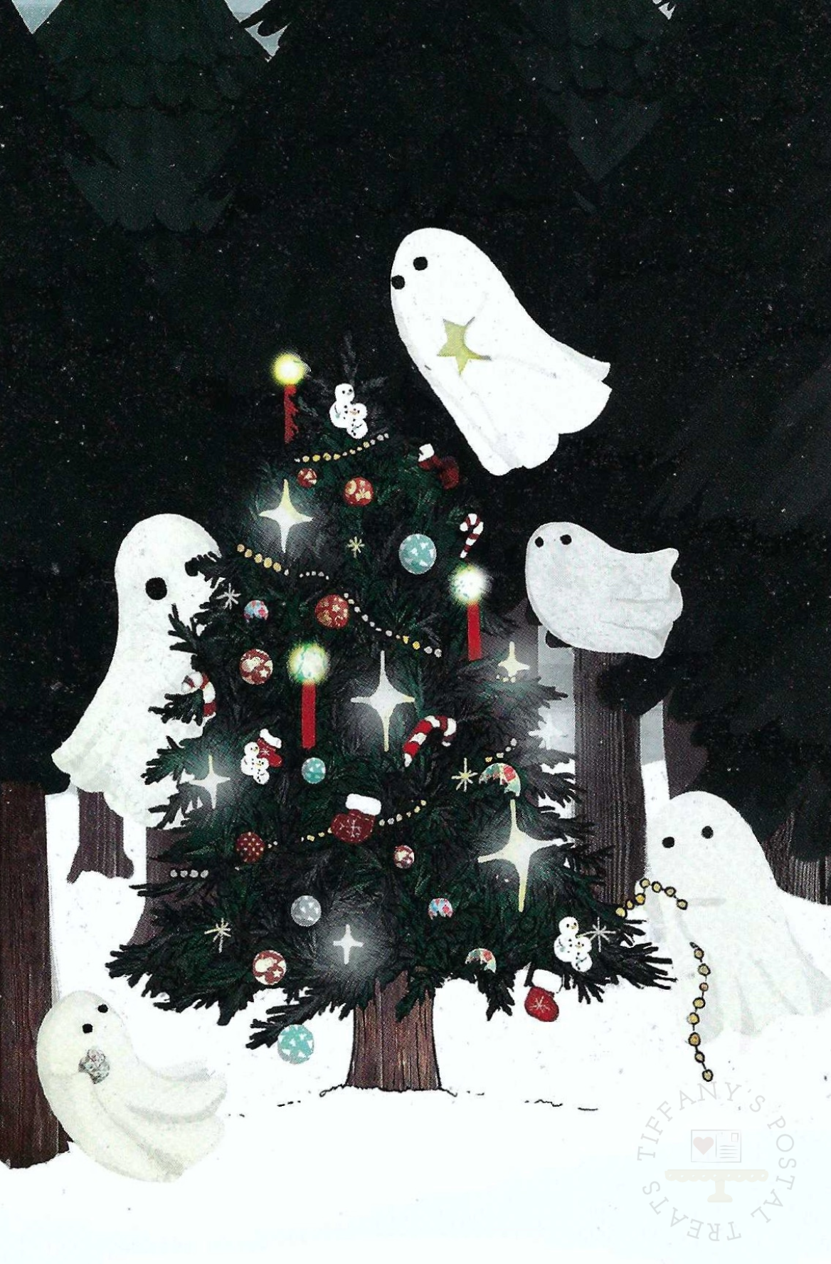 Christmas Spirits Postcard by Katherine Blower featuring ghosts decorating a Christmas tree in a snowy night scene. The tree is adorned with colorful ornaments, glowing stars, and red candles, set against a dark forest background.